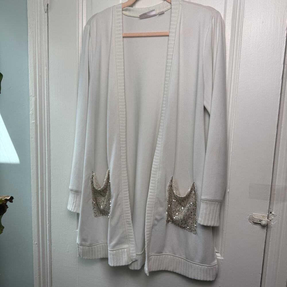 Kim Gravel Belle Sequin Pocket Brushed Knit Duster Sweater Womens Medium Cream